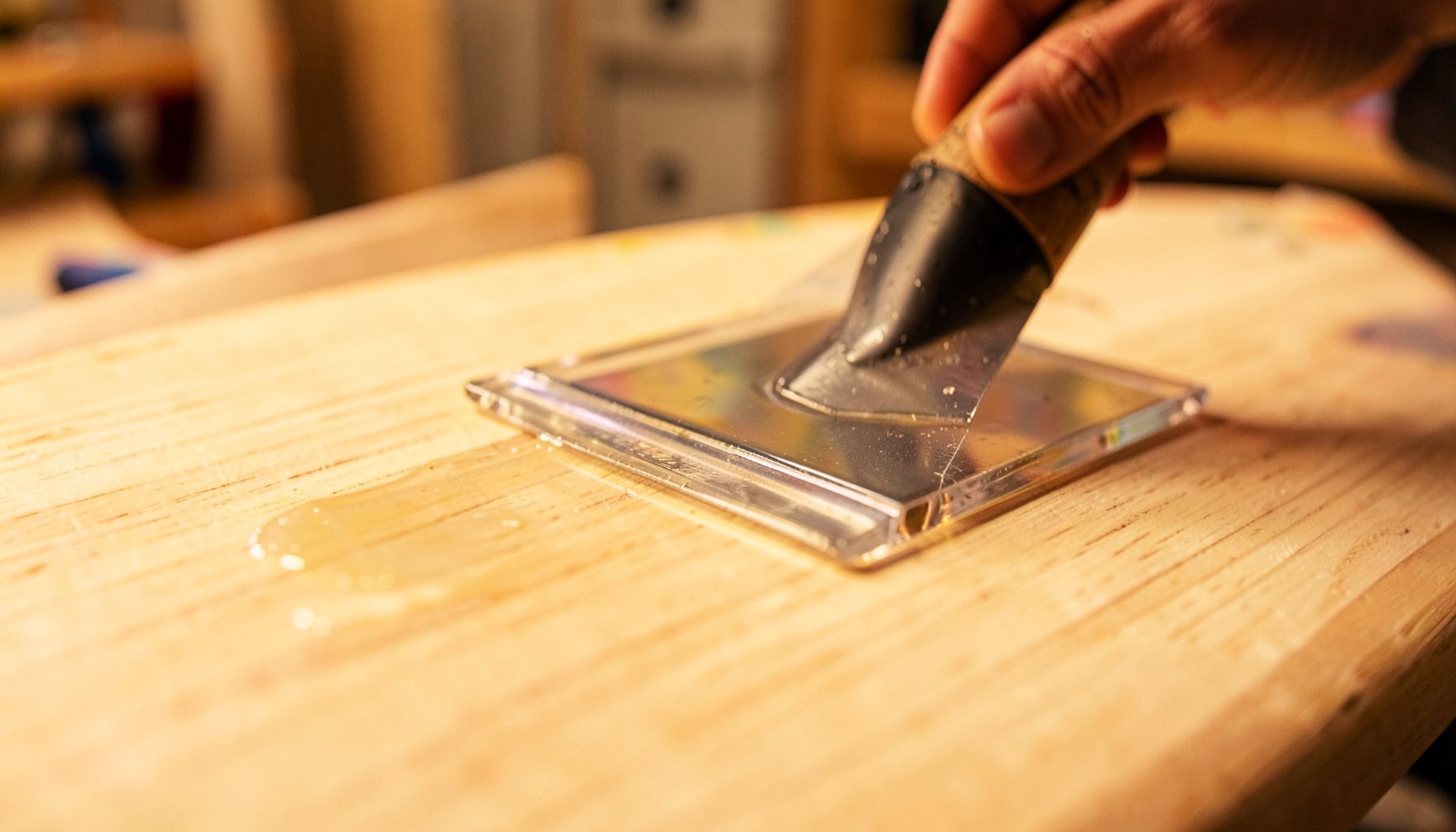 Close-up of clear epoxy resin being spread over a wooden surfboard surface with a squeegee, warm amber tones against pale wood grain, workshop atmosphere
